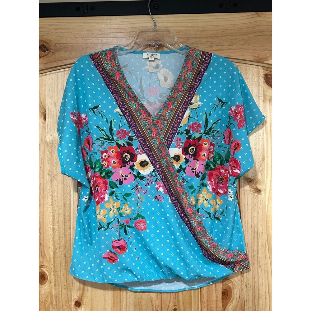 Umgee Women’s Blouse Mock Wrap Around Teal Multi Color Floral Print Size Smalll
